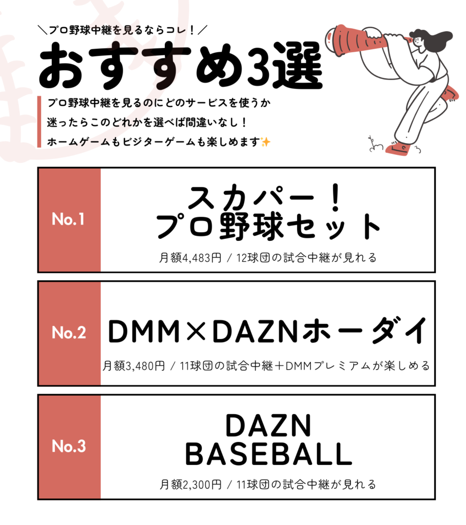 プロ野球中継を見るならこれ【おすすめTOP3】